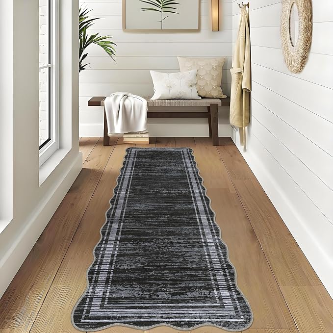 Washable Runner Rug 2x6 Modern Solid Scalloped Kitchen Runner Mat Minimalist Plain Long Runner Rug for Entryway Bedroom Bedside Non Slip Low Pile Boho Accent Solid Runner Rugs for Entryway, Black | Modern Long Runner Rug for Entryway Bedroom, Non Slip ...