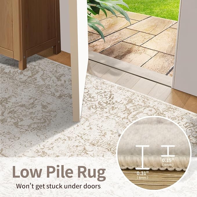 Rugxara 9x12 Extra Large Washable Area Rug, Soft Neutral Vintage Boho Rug for Living Room, Bedroom, Office, Farmhouse, Low Pile Imitation Wool Non Slip Carpet Ideal for High-Traffic Areas, Light Brown