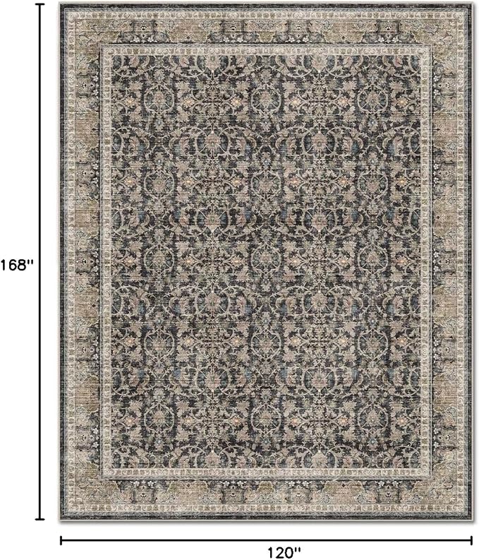 Boho Washable 10x14 Area Rugs for Living Room, Cushioned, Black/Navy Blue | Vintage Non-slip Neutral Oriental Rugs for Bedroom Dining Room Nursery Office High Traffic Area