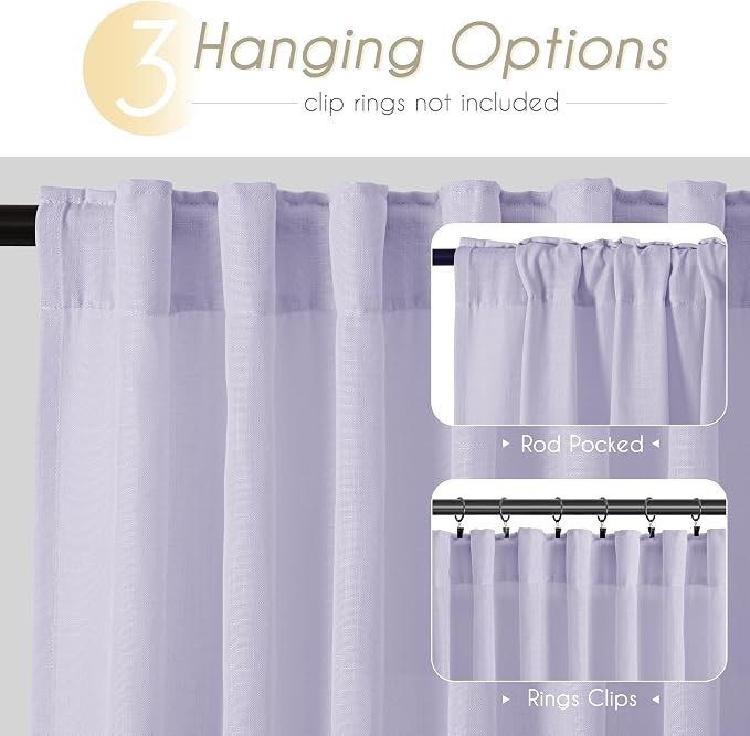 Light Purple Linen Curtain 72 Inch Length for Kitchen Bedroom Childroom Rod Pocket Semi Sheer Light Filtering Window Drapes for Protect Privacy Frensh Modern Home Decor Soft Texture 52X72
