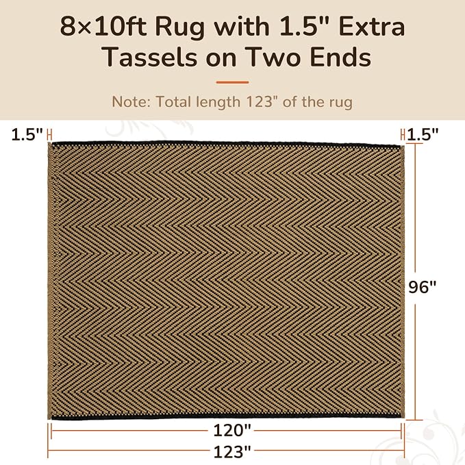 8x10 Washable Boho Area Rug with Tassels for Living Room Beige Black | Vacuum Friendly, Machine Washable, Non-Slip Rug, Modern Farmhouse Neutral Decor Carpet, Bedroom Dining Room Office Kitchen