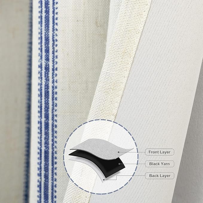 DriftAway Farmhouse Stripe Blackout Curtains, Grommet, W52xL45, Navy Blue | Blackout, Linen Texture, Stripe Pattern, Rod Pocket & Back Tab, Two Layers, Bedroom Living Room Use, Sound Reducing Design