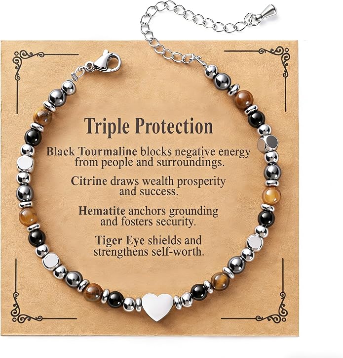 Jardme Natural Healing Crystals Bracelets for Women, Anxiety Relief Triple Protection Good Luck, Kalm Bracelet, Inspirational Spiritual Jewelry Gift for Friends Daughter Mom 6.5+2 Inches