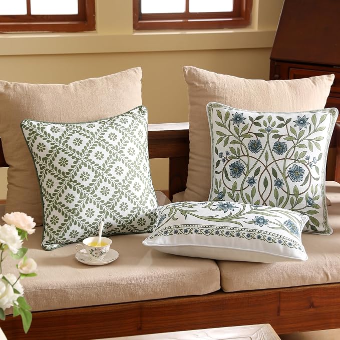 ISAENNE Designer Vintage Linen Throw Pillow Cover,18"x18"-Mosella D | French Elegant Square Decor Pillow Cover,Concealed Zipper Design,Floral Pattern,Sofa,Bedroom,Living Room,Lounge Chairs