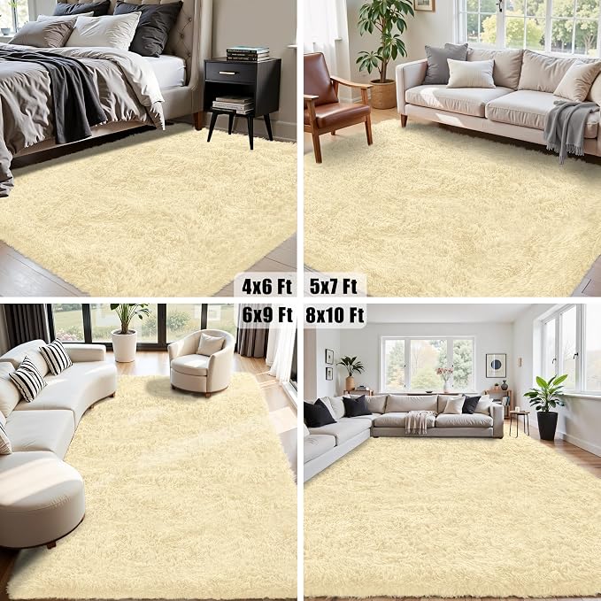 8x10 Area Rug for Living Room:Ultra Soft Fluffy Shag Cream White Rugs,Large Fuzzy Plush Indoor Non Slip Carpet Washable Rug for Bedroom Kids Nursery Office Dorm Modern Decor(Cream White 8'x10')