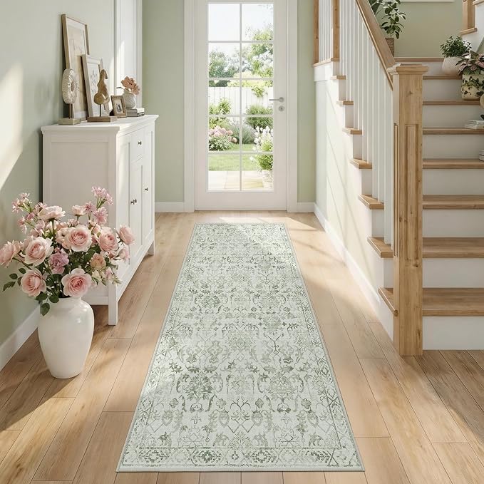 Sage Green 2x5 Runner Rug for Hallways Bed Side Kitchen, Boho Washable Distressed Low-Pile Floor Entryway Long Bathroom Mat, Non-Slip Laundry Room Washstand Front Carpet Green 24x60 Inch