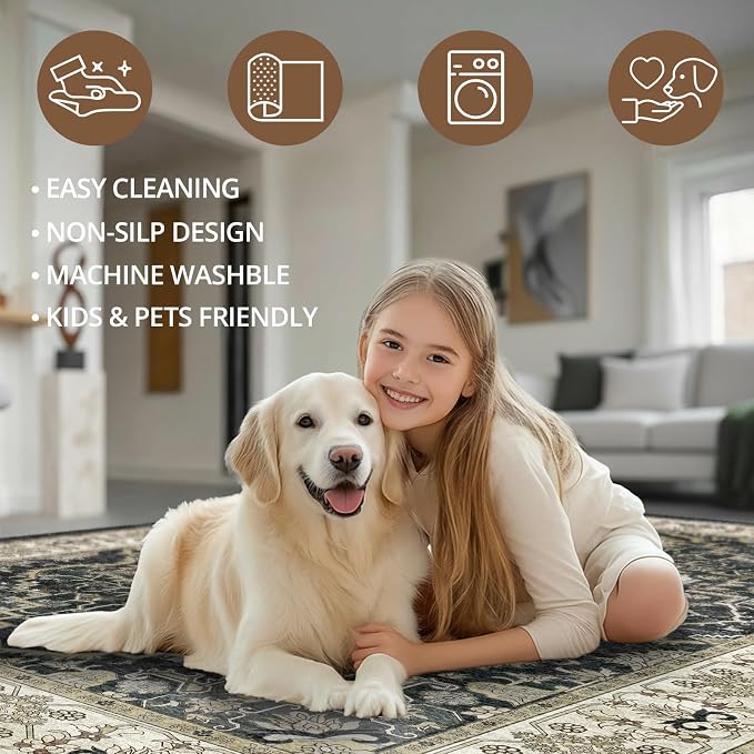 3x12 Runner Rug for Hallway, Non-Slip Long Washable Rug, Soft Thin Vintage Floor Mat for Kitchen, Bathroom, Bedroom, Entryway, Dining Room (Black, 3'x12')