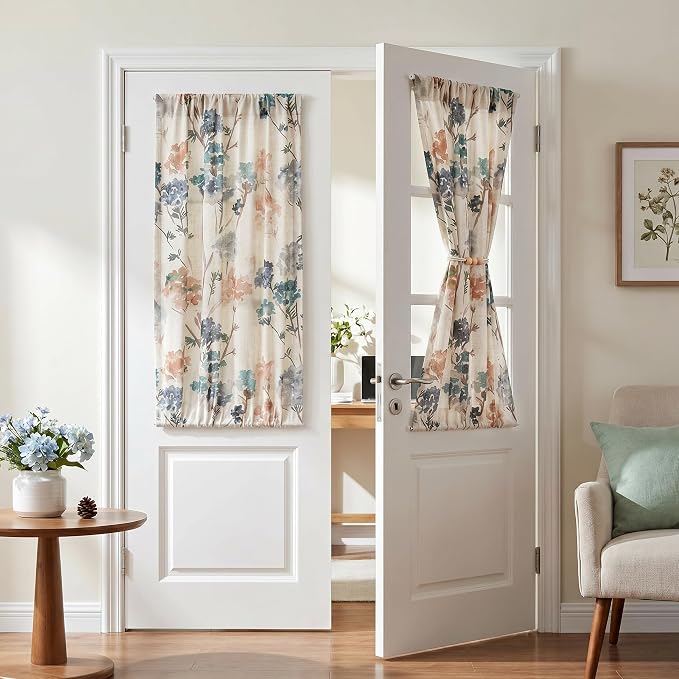 MYSKY HOME Floral Linen French Door Curtains 40 inch Long 2 Panels for Front Door Light Filtering Privacy Semi Sheer Window Curtains with Rod Pocket, Brown, 24" W Each Panel