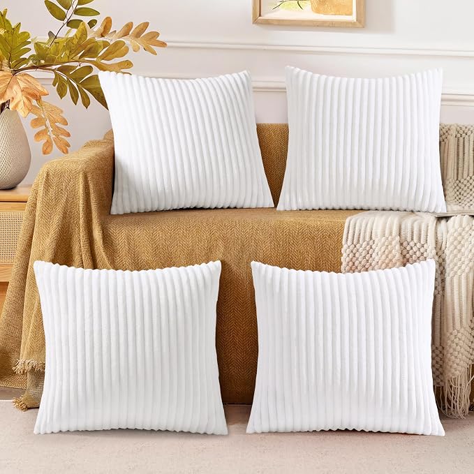decorUhome Flannel White Throw Pillow Covers 18X18 Set of 4 | Decorative Fall Soft Fluffy Striped Double-Sided Couch Pillow Covers, Modern Farmhouse Pillow Cases for Sofa bed Home Decor