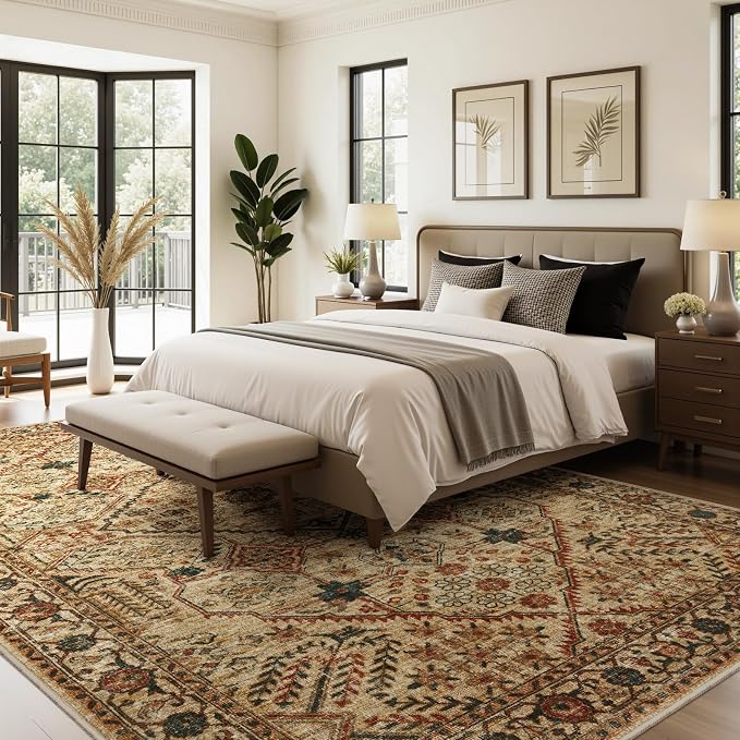 Joydeco 5x7 Area Rugs for Living Room, Machine Washable Vintage Area Rugs, Low Pile Non Slip Carpet, Lightweight Chenille Print Rug for Bedroom, Dining Room, Home Office, Tan