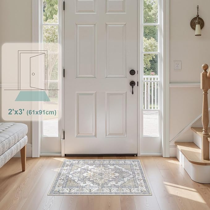 Tortania Area Rug 2x3 Doormat - Washable Vintage Oriental Farmhouse Soft Thin Indoor Carpet for Living Room Bedroom Hallway Entryway Kitchen - Blue Beige