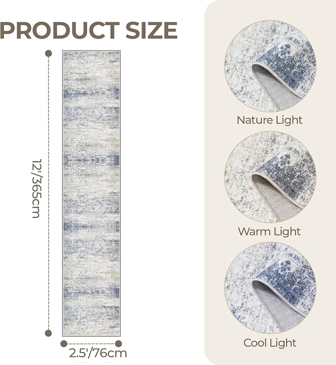 2'6 x 12' Runner Rug Non Slip,Washable Kitchen Rugs,Blue | Carpet Runners for Hallway 12ft,Entryway,Bedroom,Living Room,Thin,Soft, Long Rug,Stain Resistant Indoor Carpet