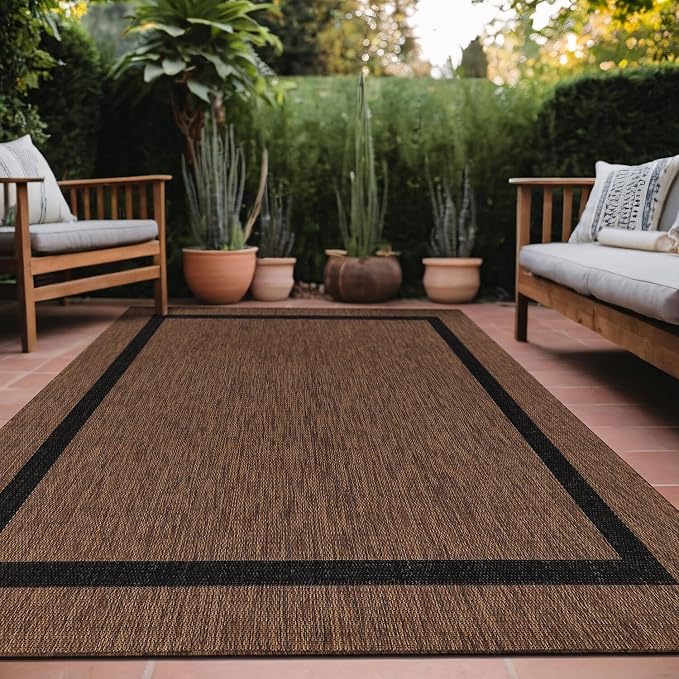 Luul Home Bordered Outdoor Rug 10x14 Washable Outside Carpet for Indoor Patio Porch Waterproof Easy Cleaning Non Shedding Area Rugs Nut Brown - Black 10 x 14