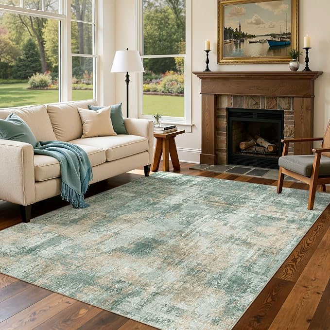DMOYEST 6x9 Area Rug - Washable & Non Slip Indoor Rug for Living Room, Kid & Pet Friendly Abstract Low Pile Soft Carpet for Bedroom and Dining Room - Green