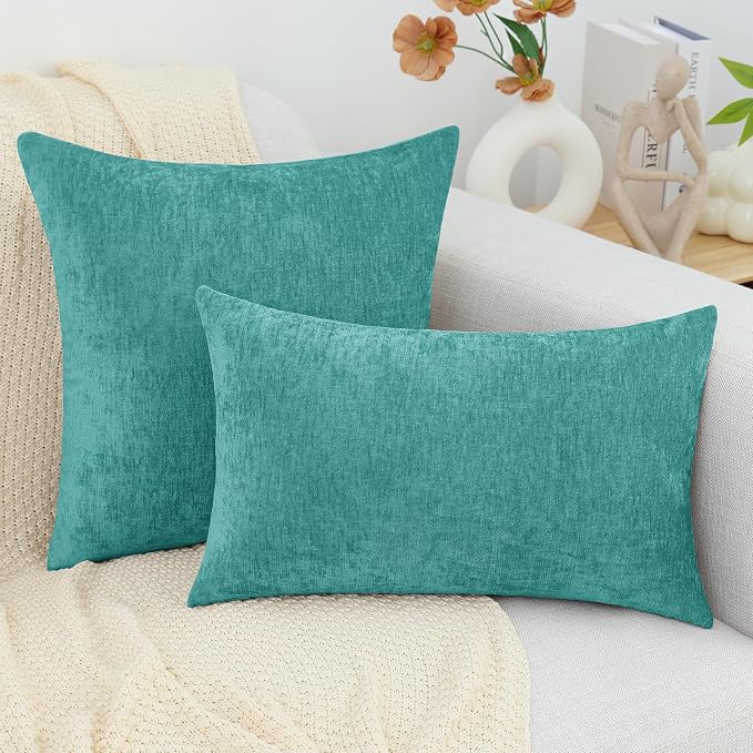 decorUhome Soft Chenille Turquoise Throw Pillow Covers 16X16 Set of 2 | Decorative Fall Couch Pillow Covers Solid Dyed Accent Modern Farmhouse Neutral Square Pillow Cases for Sofa