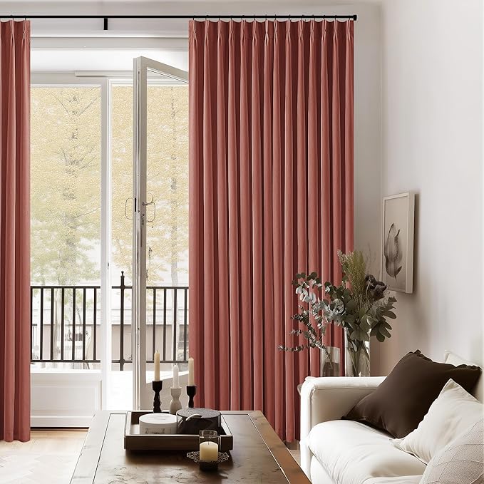 TWODRAPES Terracotta Pleat Linen Blackout 102 Inch Curtains for Bedroom | 100% Black Out Thermal Insulated, Pinch Pleat with Rings Hooks, Room Darkening Drapes with Liner, for Living Room W40xL102