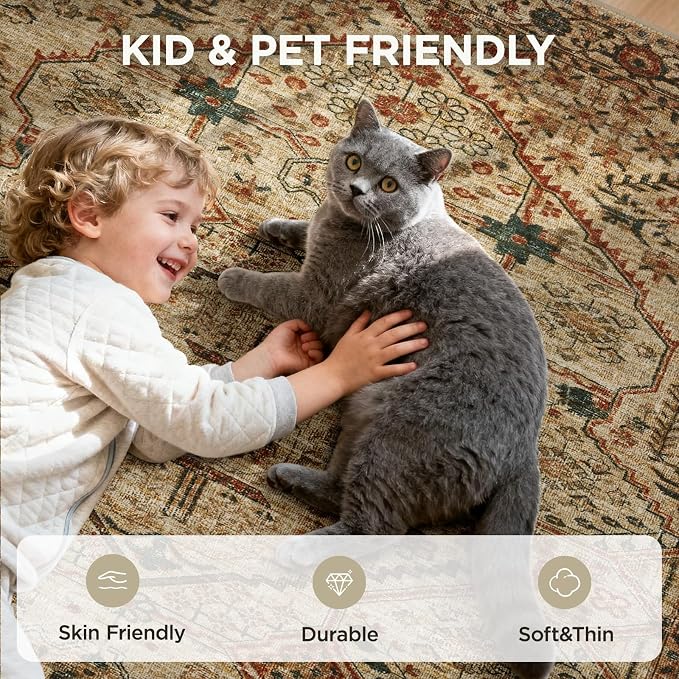 Joydeco 9x12 Area Rugs for Living Room, Non Slip Machine Washable Vintage Rug, Low Pile Chenille Print Rugs for Bedroom, Dining Room, Home Office, Pet & Child Friendly, Tan