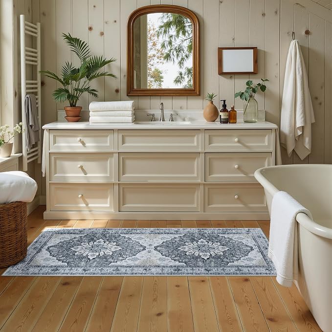RELEANY Area Rugs Runner 2'x5' Washable Non-Slip, Floral Vintage Distress Medallion Carpet for Kitchen Hallway Bedroom Beside Laundry Room Bathroom, Light Gray Grey White