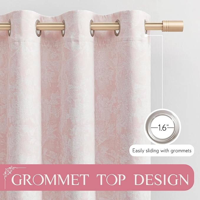 Beauoop Pink Floral Jacquard Blackout Curtains for Bedroom 52x63 2 Panels | Flower Chenille Room Darkening Drapes for Living Room 63 Inch Long Thermal Insulated Soundproof Window treatment Grommet