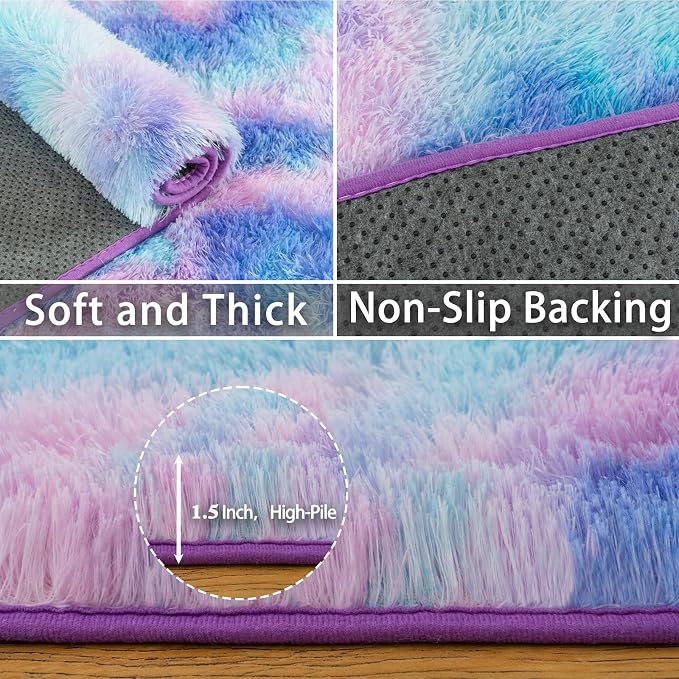 Dssimo Cute Furry Purple Rainbow Rugs for Bedroom Girls Room Decor | Upgrade Non-Slip Large 8x10 Area Rugs for Kid Room, Playroom Nursery Dorm Home Decor, Plush Mermaid Kawaii Rug Fluffy Carpet