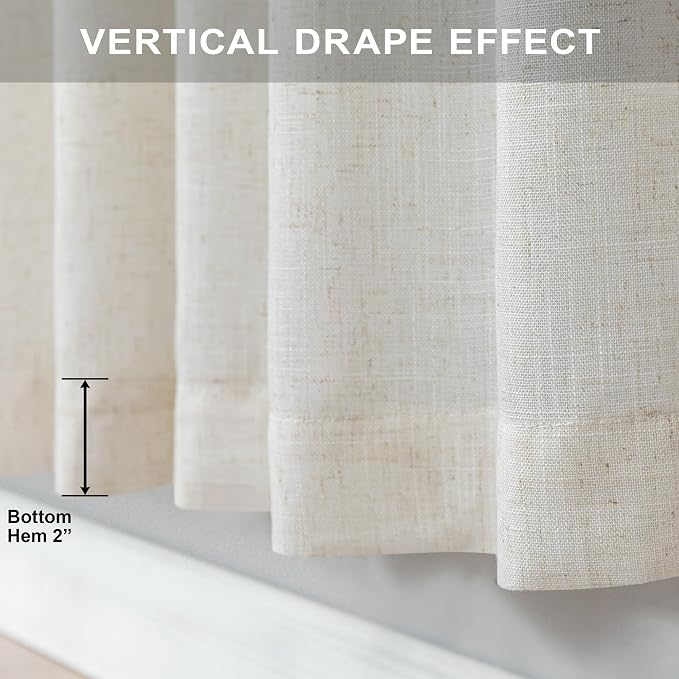 Pitalk 48 Inch Curtains for Cafe Kitchen Cream Linen Semi Sheer Short Curtains & Drapes Privacy with Light Filtering Curtain for Small Window 52 x 48 Inches Long Length 2 Panels Back Tab Ivory Colored