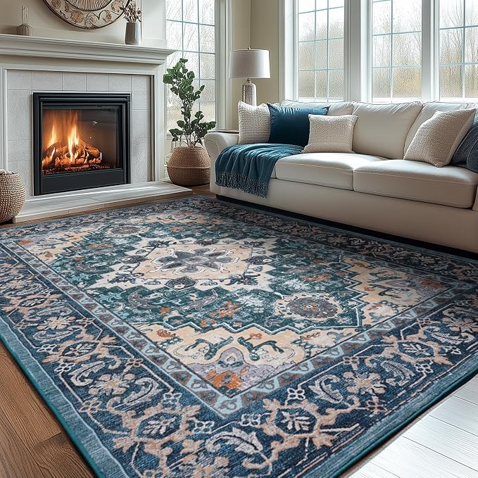 Lessymo Area Rug 6x9, Machine Washable Area Rugs, Super Soft Faux-Wool Area Rugs for Living Room Bedroom Kitchen, Boho Vintage Floral, Non-Slip Low Pile, Kid & Pet Friendly, Dark Green