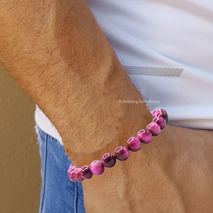 Amazing Gemstone Pink Tiger Eye Bracelet, Gifts for Men & Women - Protection Healing Crystal Bracelet - 8mm Gemstone Beaded Adjustable Bracelet, Pulseras para Hombres Mujer Stocking Stuffers