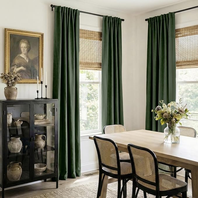 100% Blackout Shield Green Linen Blackout Curtains for Bedroom 102 Inches Long, Back Tab/Rod Pocket Living Room Drapes, Thermal Insulated Blackout Curtains 2 Panels Set, 50" W x 102" L,Loden