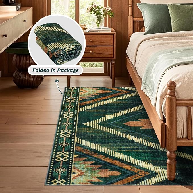Boho Green Area Rugs 5x7Ft Non Slip, Large Low Pile Washable Rugs for Living Room, Soft Bedroom Nursery Area Floor Carpets for Dining Room Kids Playroom Farmhouse Office Spring Summer