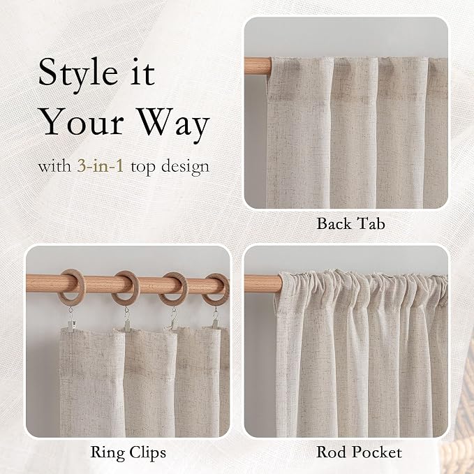 MYSKY HOME Natural Linen Curtains for Kitchen Window Half Sheer Drapes 45 Inches Long, Farmhouse Style Linen Polyester Blend Fabric, Decorative Texture for Bathroom Closet Cafe, 50" x 45", 2 Pieces