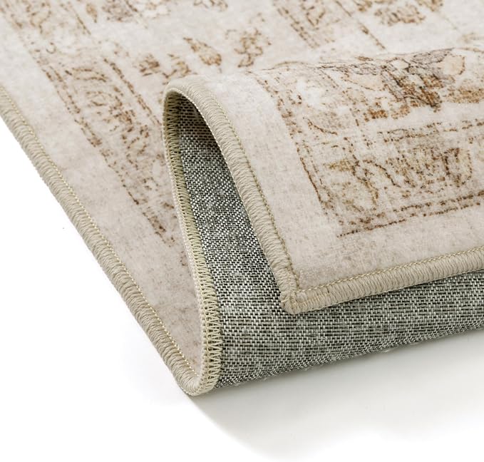 PureCozy 2x6 Beige Runner Rug Washable Hallway Vintage Carpet Kitchen Distressed Small Long Non Slip Low Pile Thin Bedroom Medallion Accent Throw Rug Laundry Living Room