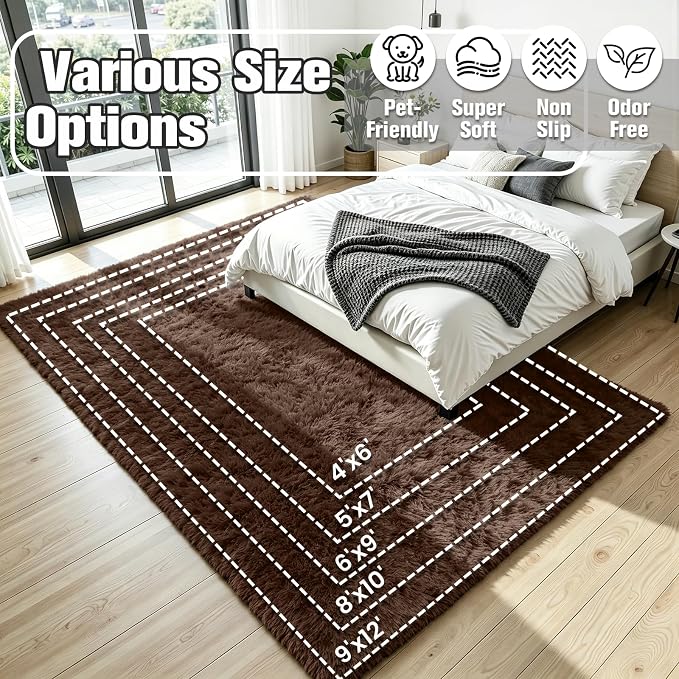 5x8 Area Rug for Living Room, Ultra Soft Fluffy Brown Rugs for Bedroom, Non Slip Large Shag Carpet, Fuzzy Plush Nursery Rug, Thick Washable Indoor Floor Carpets for Kids Office Dorm Home Decor