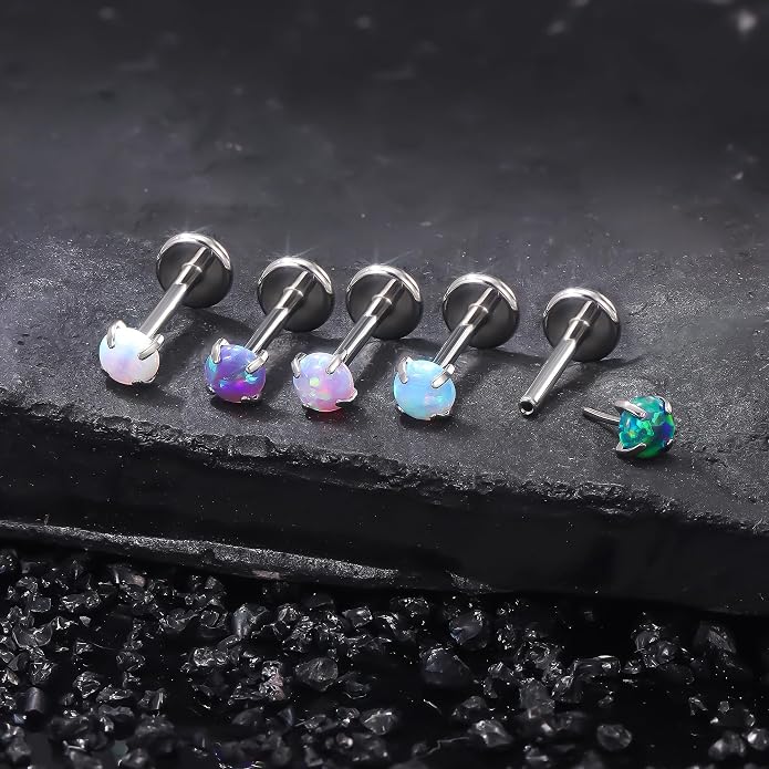 Ruifan Titanium Flat Back Lip Rings Threadless Push in Earrings Studs Nose Rings 20G 18G 16G Mix Colors Opal Tragus Cartilage Lobe Rook Helix Conch Labret Medusa Nostril Piercing Jewelry for Women Men