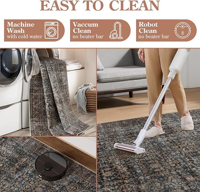Collive Large Area Rug for Living Room 9x12, Washable Area Rug 9x12 Non Slip Vintage Antique Distressed Bedroom Carpet Ultra-Thin Low Pile Aesthetic Print Floor Rug for Dining Guest Office - Brick