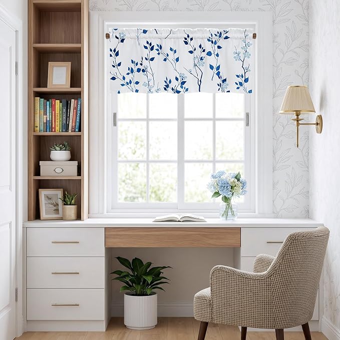Beauoop Floral Valance Curtains for Kitchen Navy Blue 52X18 Inch 1 Panel | Flower Patterned Navy White Blackout Short Curtains for Living Room Bedroom Cafe Thermal Small Window Curtains Rod Pocket