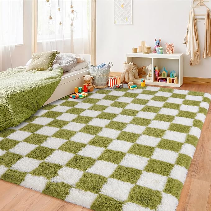 Pionblank Fluffy Area Rug for Bedroom 5x7, Modern Indoor Shag Carpet, Soft Plush Non Slip Checkered Rugs for Living Room Kids Room Home Decor, Grass Green and White