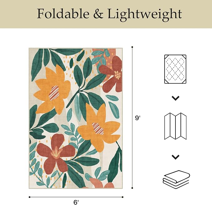 GENIMO 6x9 Outdoor Rug, Washable for Patio and Deck, Teal Orange | Floral design for dining area; fade resistant chenille with quick-dry non-slip backing for indoor sunroom