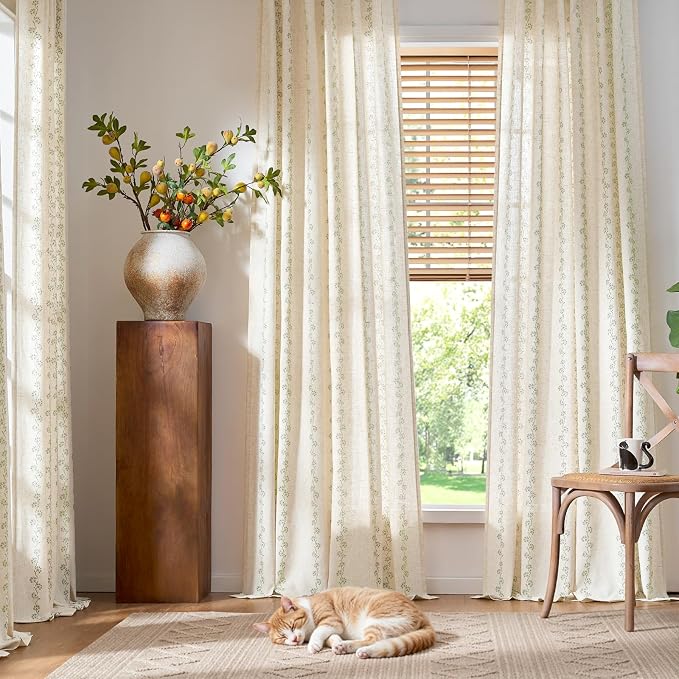Lazzzy Cathy Linen Floral Curtains for Living Room Privacy Curtains Set of 2 for Bedroom Rod Pocket Back Tab Light Filtering Drapes 8 FT Farmhouse Cottagecore Decor 50"x96" Sage Green on Linen