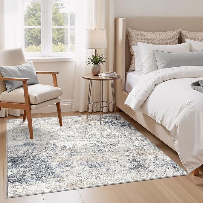 DMOYEST Square Area Rug Living Room Rugs - 6x6 Washable Large Soft Indoor Neutral Modern Abstract Low Pile Rug Carpet for Bedroom Dining Room Farmhouse Home Office - Beige Blue