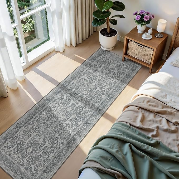 Joydeco Washable 2x6 Hallway Runner Vintage, Light Gray&Dark Gray&White | Water Resistant Low Pile Non Slip Backing for Kitchen Entryway Bedroom Bathroom Dining Room