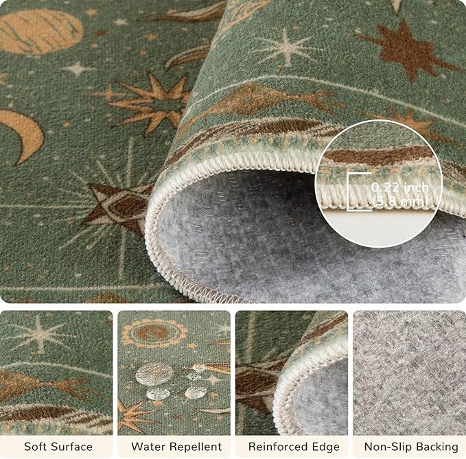 Vacuum-Friendly, Round 6ft Washable Area Rug, Green Brown | Sun and Moon Boho Gothic Non-Slip Low Pile Living Roon Bedroom Dining Room Kitchen Entry Entryway Entrance Hallway Doormat