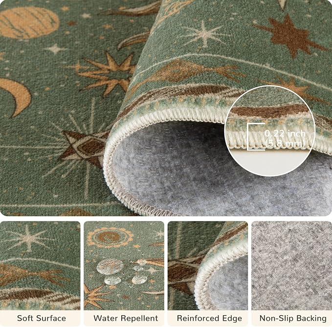 Vacuum-Friendly, 4x6 Washable Area Rug, Green Brown | Sun and Moon Boho Gothic Non-Slip Low Pile Living Roon Bedroom Dining Room Kitchen Entry Entryway Entrance Hallway Doormat