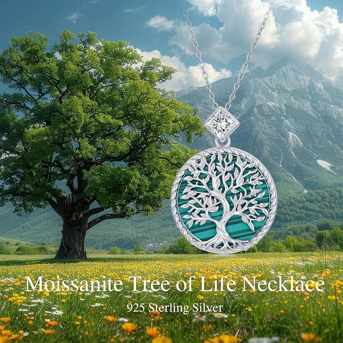 Tree of Life Moissanite Necklace, 925 Sterling Silver 0.5 Carat Moissanite Abalone Shell/Opal/Black Onyx/Turquoise/Malachite/Tiger Eye Stone Tree of Life Pendant Necklaces Jewelry Gift for Women Mom