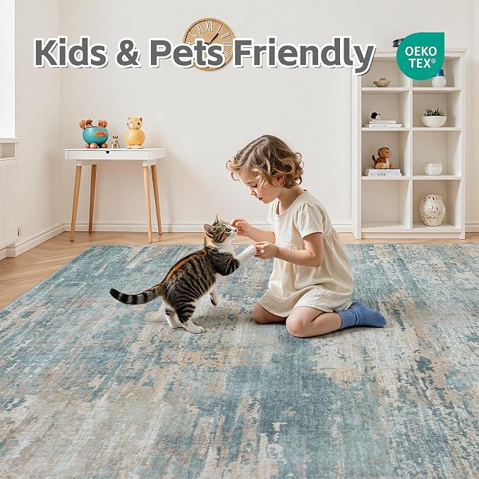 6x9 Area Rugs Living Room Rug Modern Abstract Neutral Washable Rugs Non Slip Soft Carpet Large Area Rug Low Pile Stain Resistant Non Shedding for Bedroom Nursery Dining Room Home Office Green
