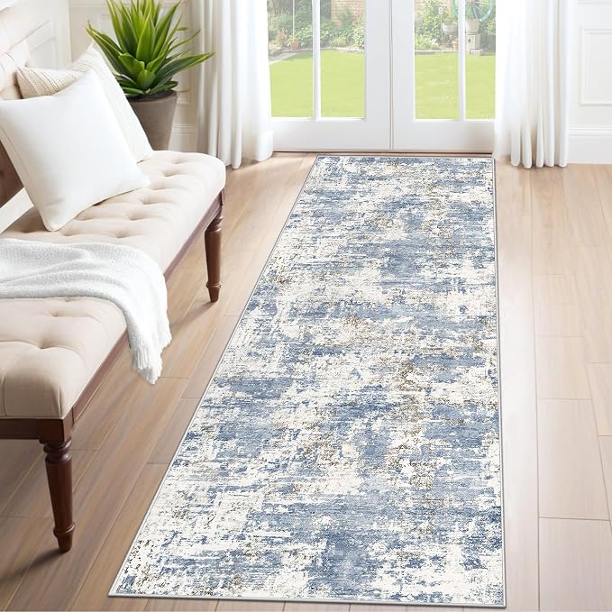 XLUEZ 2x7 Runner Rug for Hallway, Washable Modern Abstract Runner Rugs Neutral Soft Non Slip Kids Rug Stain Resistant Indoor Runners for Hallways Entryway Bedroom Kitchen Laundry Room(Blue, 2'x7')