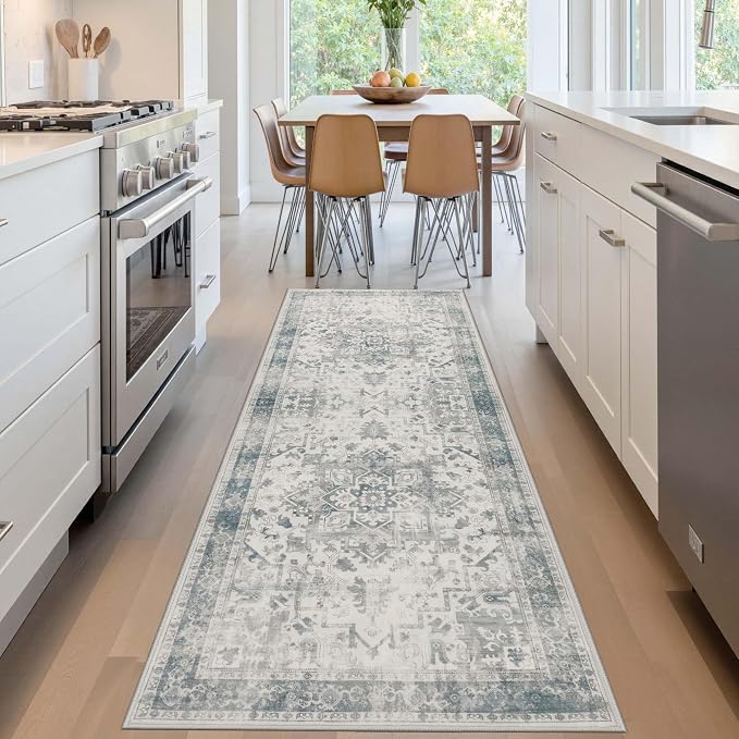 Rugxara 2x6 Washable Runner Rug, Non Slip Boho Runner Rugs for Hallway, Kitchen, Entrance, Bathroom, Laundry Room, Soft Ultra-Thin Entryway Carpet, Throw Low Pile Retro Imitation Carpet, Blue Grey