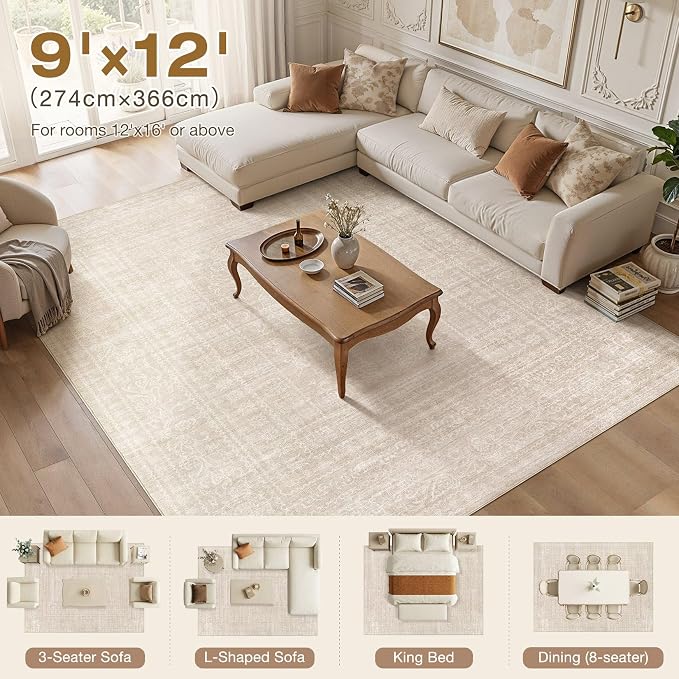 Nakagishi 9x12 Area Rugs Living Room: Washable Large Vintage Rug Neutral Non-Slip Soft Stain Resistant Indoor Carpet for Bedroom Nursery Dining Room Office Playroom - Beige