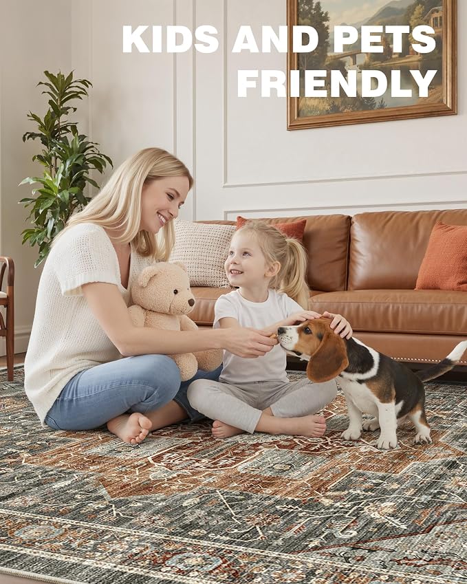 Roxstand 8ft Round Washable Area Rug, Non Slip Rug, Grey/Brown/Tan | 6x6 Low Pile Rug, Stain Resistant, Non-Shedding Surface, Pet & Kid Friendly Circle Rug for Living Room, Bedroom, Dining Room