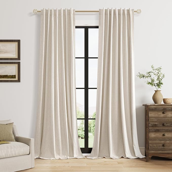 Guken 100% Blackout Linen Curtains for Bedroom 84 inches Long, Thermal Insulated Room Darkening Black Out Drapes for Living Room, Back Tab Rod Pocket 2 Panels Set,Cream Beige,52x84