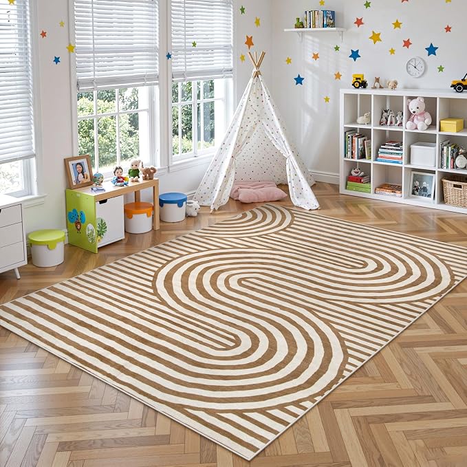 Lahome Abstract Area Rugs 5x7,Soft Living Room Rug Nursery Bedroom Rugs | Colorful Playroom Rug Ultra-Thin Stain Resistance Throw Large Carpet for Kids Classroom Dorm Alba (5'X7',Khaki/Orange)